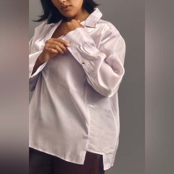 Pilcro Anthropologie Lilac Shine Blouse Satin Button Down Top Long Sleeve Shirt - Picture 2 of 11